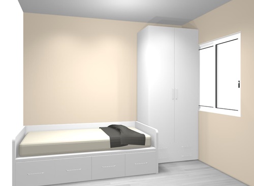 diseño habitación cuadrada cama mal ubicada y armario