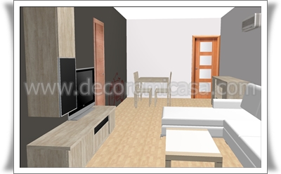 Distribución de salón con mueble de comedor en color piedra dos ambientes 3