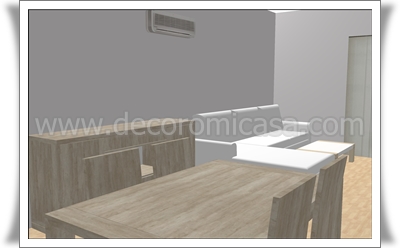 Distribución de salón con mueble de comedor en color piedra dos ambientes 4