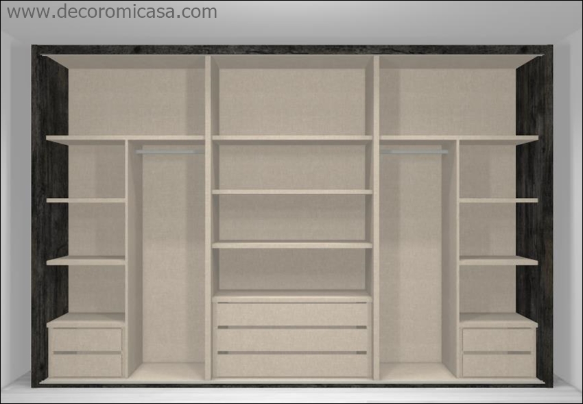 Este es tu armario ideal de entre 250 a 350 cms para colgar y doblar con cajones simétrico