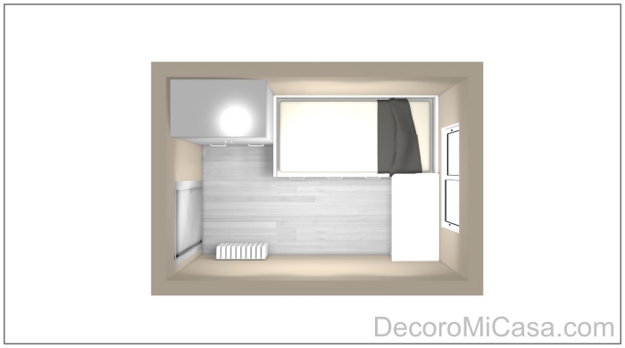 Habitación rectangular cama correcto, armario y escritorio